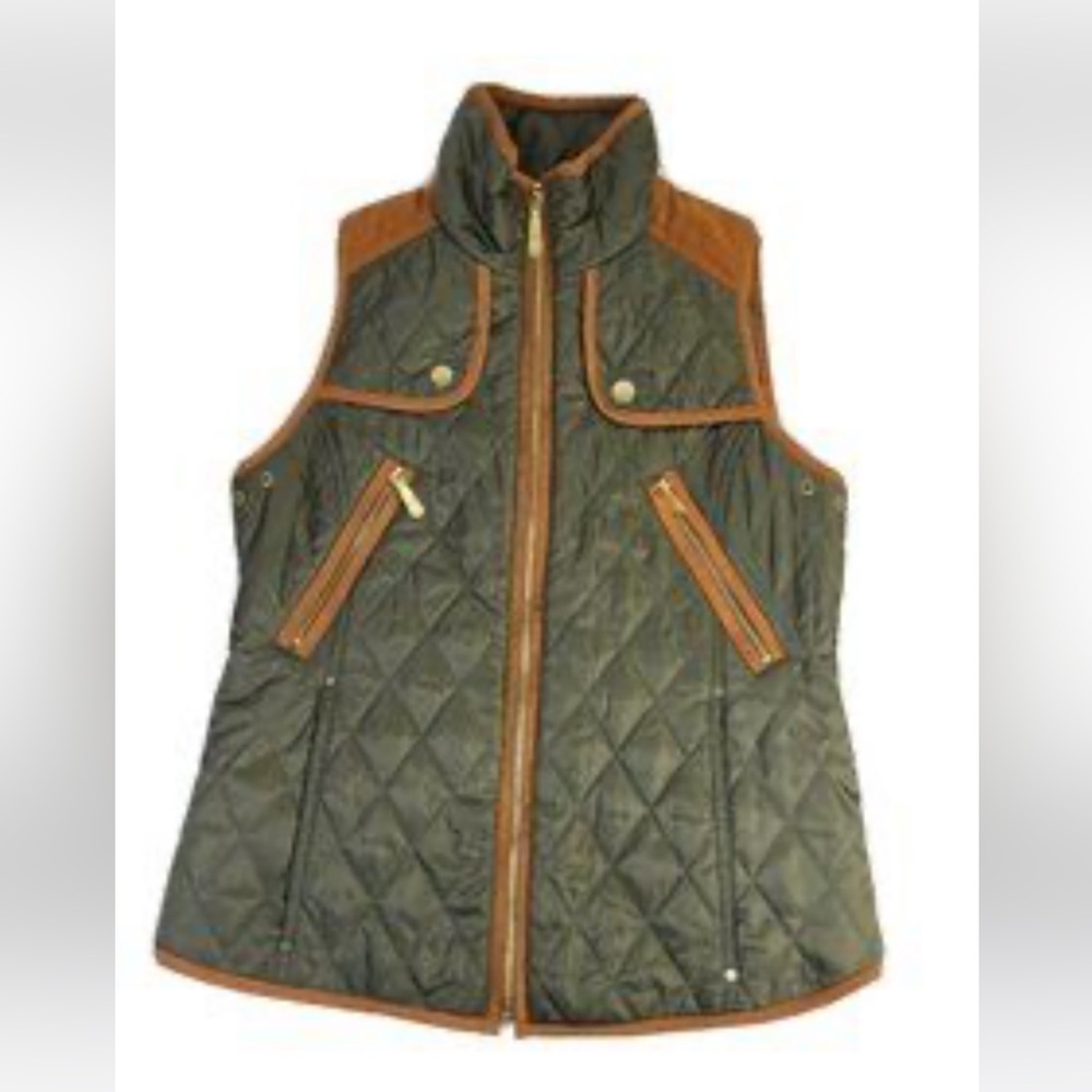 Vince Camuto Vest Womens Size MED Green Quilted Faux Suede Full Zip
